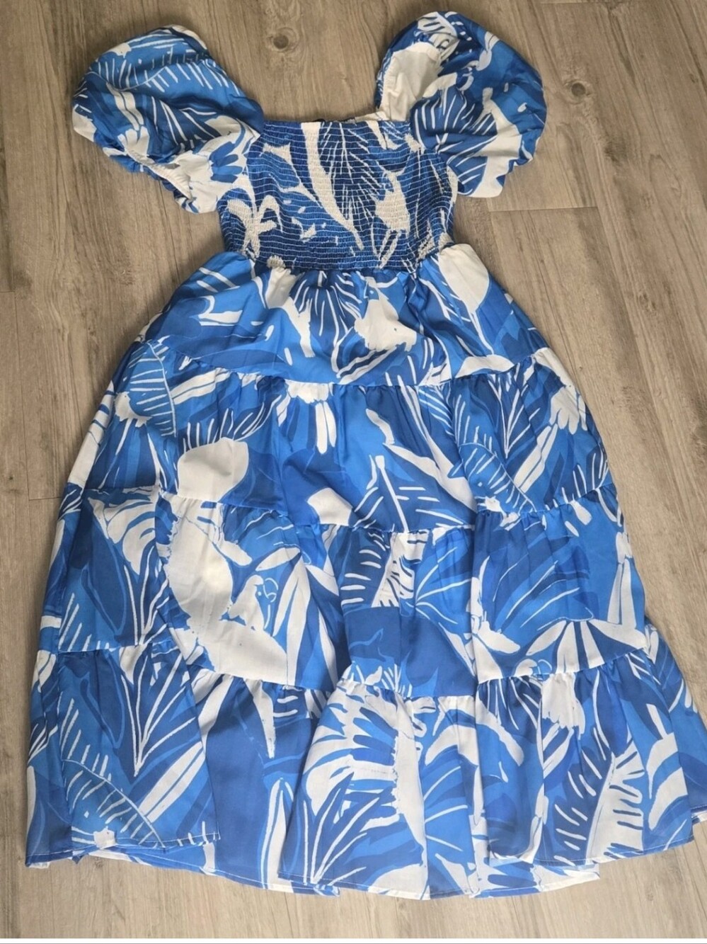 Crystal Doll Blue and White Tropical Puff-Sleeve Dress